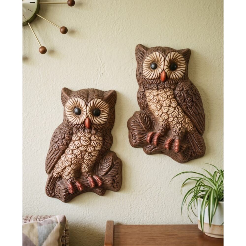 Vintage 70s Owl Pair Wall Hangings Retro Woodland Decor Set of 2